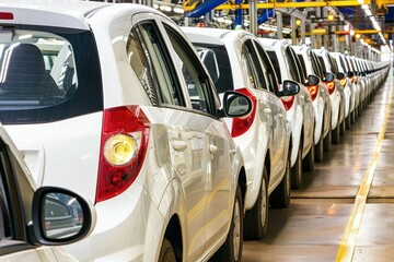 Production line showcasing new white cars in a manufacturing facility during daylight hours