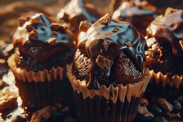 Freshly baked chocolate chip cookies with a rich chocolate topping, displaying an appealing dessert treat ready for enjoyment