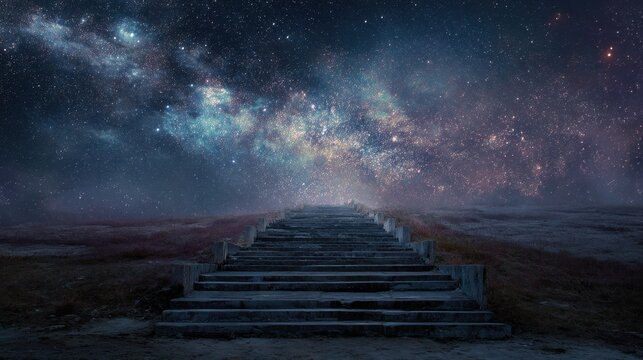 Cosmic Ascent: A weathered stairway leads upward, towards a mesmerizing galaxy filled with radiant stars, the scene evokes a sense of wonder and exploration. 