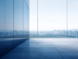 Naklejka premium Modern glass and steel building interior with cityscape view, blue tone, empty, spacious, bright, urban