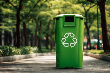 Filming a green recycling bin at the park entrance. Generative AI
