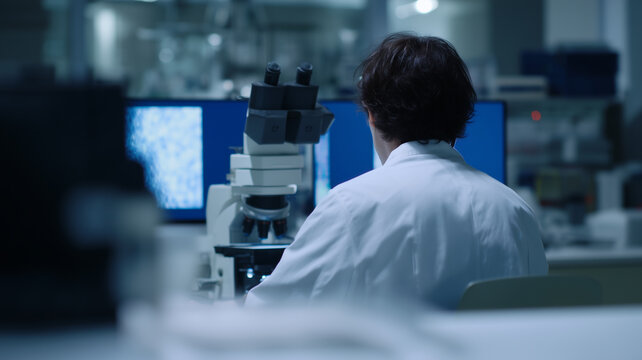 Scientist microscope laboratory research technology analysis professional focused working modern equipment medical healthcare
