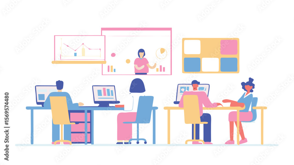 Poster people working at desks with computers and a presentation screen in a brightly colored office space