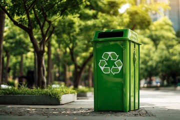 Filming a green recycling bin at the park entrance. Generative AI
