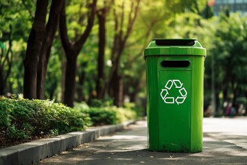 Filming a green recycling bin at the park entrance. Generative AI
