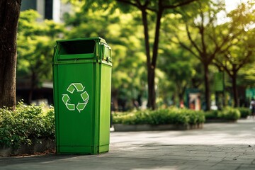 Filming a green recycling bin at the park entrance. Generative AI
