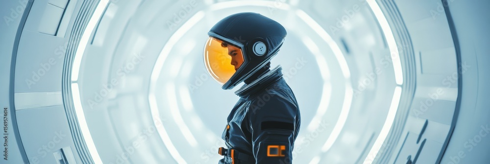Poster astronaut walks through a brightly lit futuristic spaceship corridor, embarking on a journey of univ