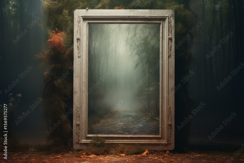 Poster ornate frame showing foggy path through forest in autumn