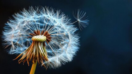 Fototapeta premium Close-up of a dandelion seed head. the seed head is in the center of the image, with its seeds blowing in the wind.