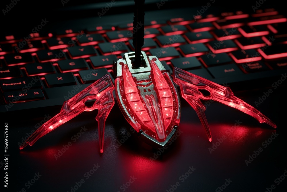 Poster futuristic gaming mouse with red led lights resting on backlit keyboard, enhancing gaming setup