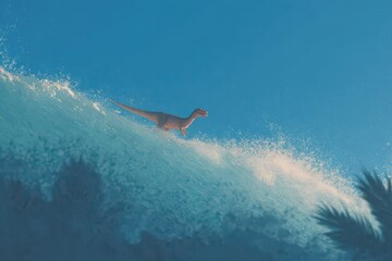 Dinosaur surfs a massive wave in a tropical paradise, showcasing unique aquatic skills and adventurous spirit against a vibrant blue sky