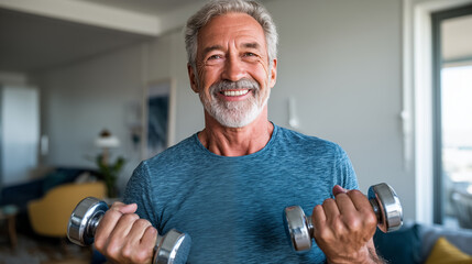 Portrait of smiling senior man exercising with dumbbells at home