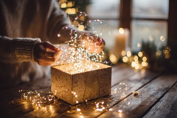 Warm and Cozy Holiday Scene of Gift Unwrapping with Twinkling Fairy Lights Creating a Magical Atmosphere for Festive Celebrations and Gatherings