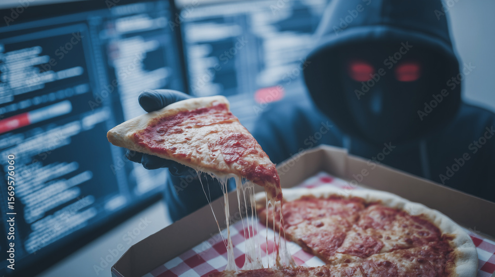 Aufkleber cyber pizza: a hooded figure, with menacing red eyes, holds a cheesy pizza slice with melting cheese
