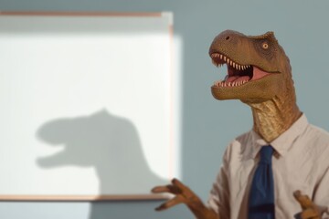 Dinosaurs conducting business presentations in modern settings, showcasing the unexpected blend of prehistoric creatures and contemporary corporate life