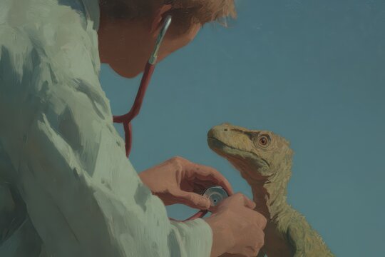 Pediatrician checks dinosaur's health in a whimsical medical setting under a bright blue sky, blending past and present in a playful illustration of care