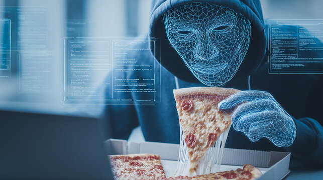 Digital Intruder & Pizza: A futuristic visual of an anonymous individual masked with digital overlay and consuming pizza. - Powered by Adobe