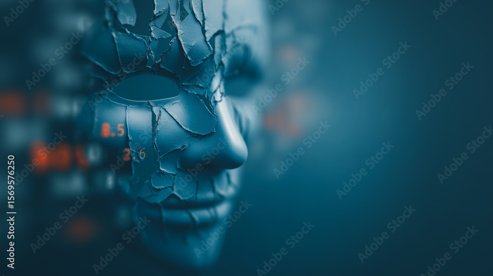 Poster digital face mask: a close-up shot of a digital face mask, a fractured visage merging with data stre