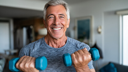 Portrait of smiling senior man exercising with dumbbells at home