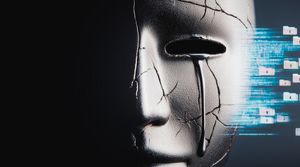 Unmasking Secrets: A cracked mask reveals a cascade of digital data, symbolizing the exposure of hidden truths and the vulnerability of identity in a complex world.