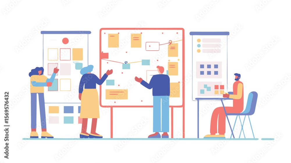 Poster people collaborating and brainstorming ideas using whiteboards in a business environment setting