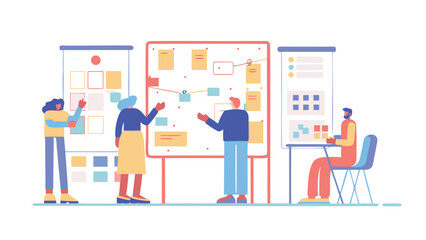 People collaborating and brainstorming ideas using whiteboards in a business environment setting