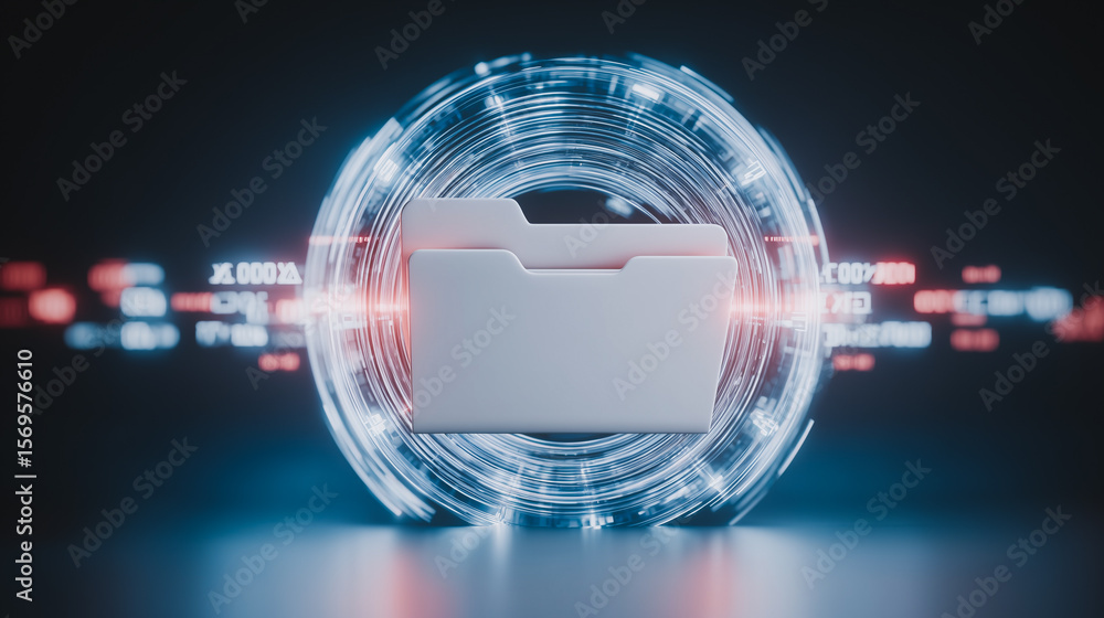 Poster digital data security: a white folder icon, symbolizing data storage and security, is encased within
