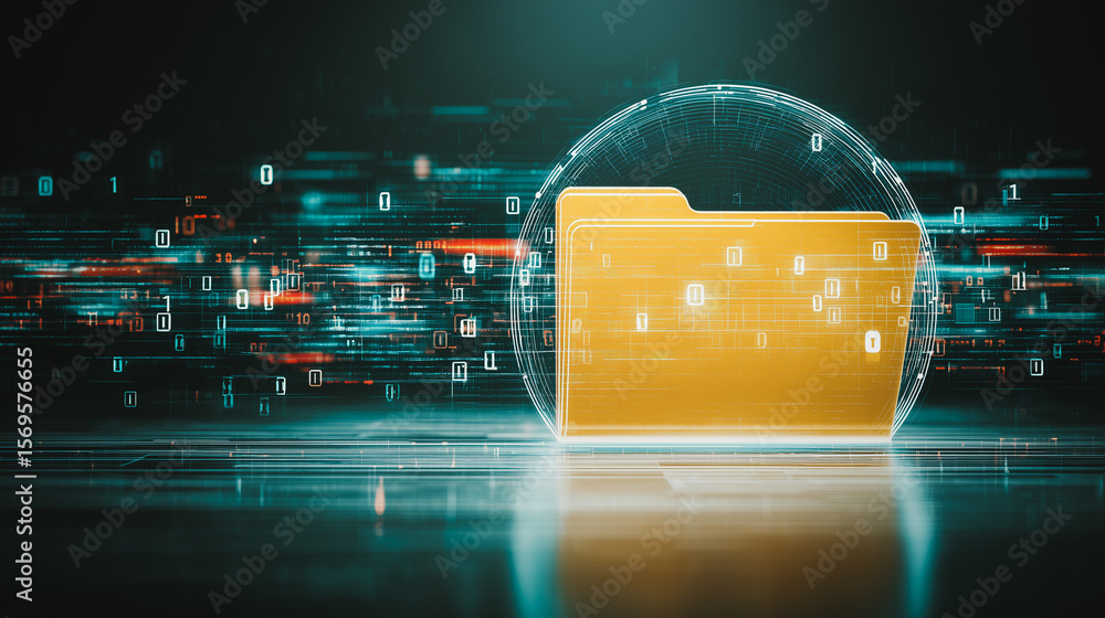 Poster digital data safeguard: a glowing gold file folder, safely encased within a luminous shield, represe