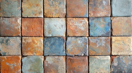 Clay tiles sample grid weathered ceramic squares natural patina variations earth tones rustic aged surface materials