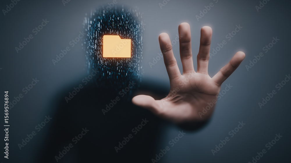 Poster digital sentinel: a digital avatar stands in the foreground, extending a hand in a resolute gesture,