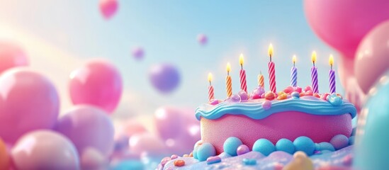 Celebratory confectionery delight: whimsical birthday cake with balloons against sky