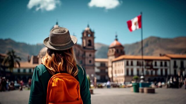 Traveler woman with traditional Peruvian hat visiting Plaza de Armas square in Cusco, Peru with Peruvian flag waving in the background. Camera rotetes around the subject.