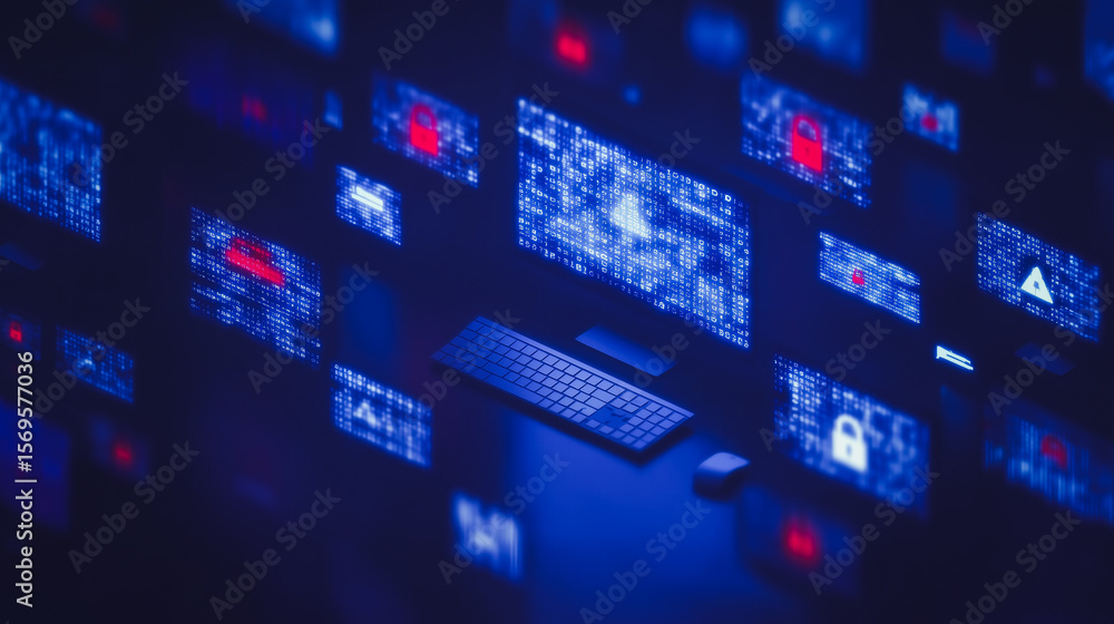 Poster digital threats: a close-up of a modern desk with computers and digital threat security concepts, re