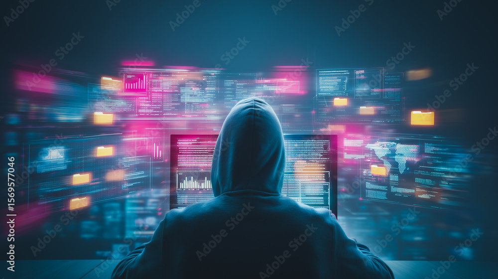 Poster cybersecurity hacker at work: a hooded figure sits before a computer screen displaying a flurry of d