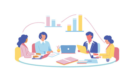 Business meeting with four people around a table with laptops and charts in the background shown