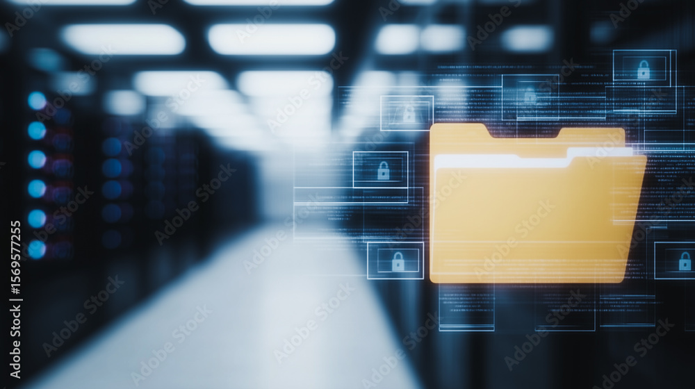 Poster data security: secure digital file within a cutting-edge server room environment, highlighting data 