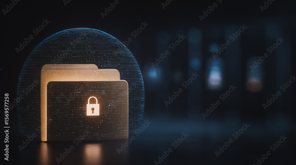 Poster digital fortress: a captivating digital rendering of secure files, encased within a protective, ethe
