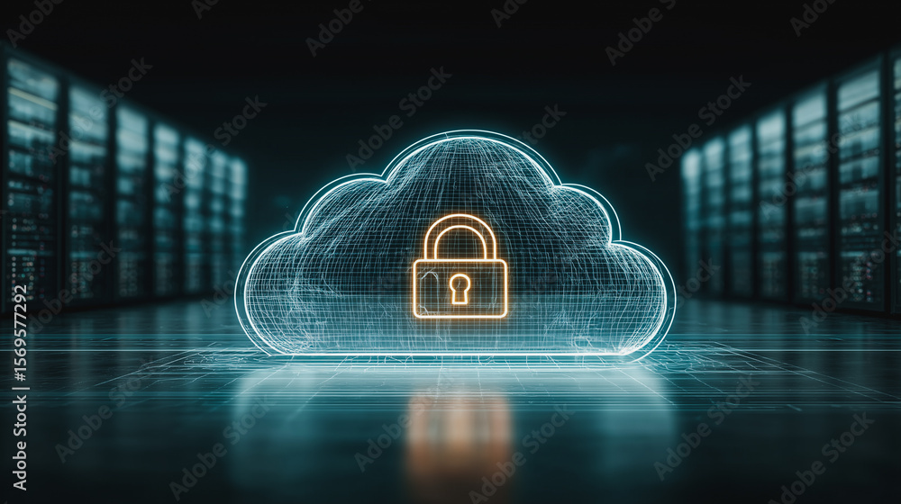 Poster secure cloud data center: a glowing cloud symbol with a padlock at its center, signifying secure dat