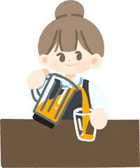 An illustration of a cafe staff pouring juice into a glass using a manual press, suitable for beverage and cafe-related content.