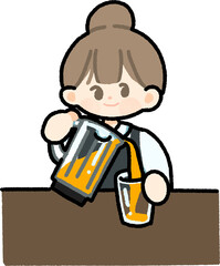 An illustration of a cafe staff pouring juice into a glass using a manual press, suitable for beverage and cafe-related content.