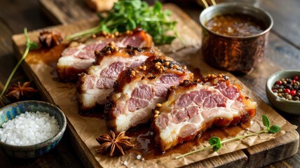 Candied pork belly slices with caramelized glaze on rustic wooden board, served with star anise, fresh microgreens and condiments