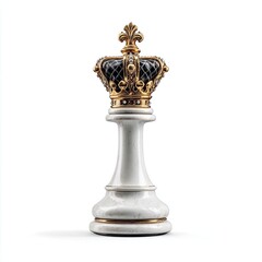 Fototapeta premium Elegant marble chess queen with royal gold crown isolated on white background, luxury strategy concept