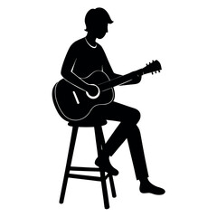 Silhouette of a person playing an acoustic guitar while sitting on a stool