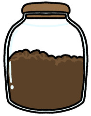 A glass jar filled with roasted coffee beans, used for kitchen storage or cafe decoration.