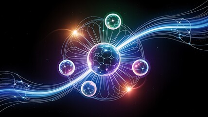 Obraz premium Abstract futuristic quantum computing visualization with glowing spheres and interconnected lines on dark background