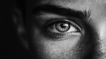 Fototapeta premium Close-up of a person's eye. the eye is the focal point of the image, with the iris and pupil clearly visible. the iris is a deep brown color, and the pupil is a lighter shade of brown.