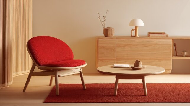 Modern social zone with vibrant red oak lounge chair and modular furniture for gatherings