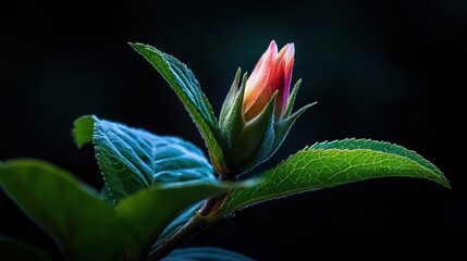 Obraz premium Close-up of a single flower bud on a plant. the bud is in the center of the image, with its petals slightly open and its stem and leaves visible.
