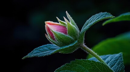 Close-up of a rose bud on a plant. the bud is in the process of opening, with the petals slightly curled and the center of the flower being a deep red color.