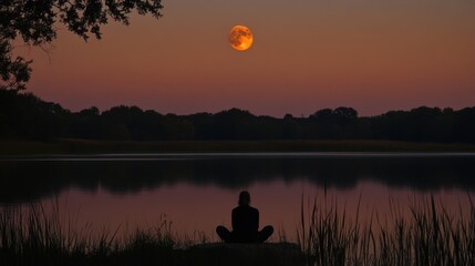 Serene lakeside meditation under the enchanting glow of a crimson moon